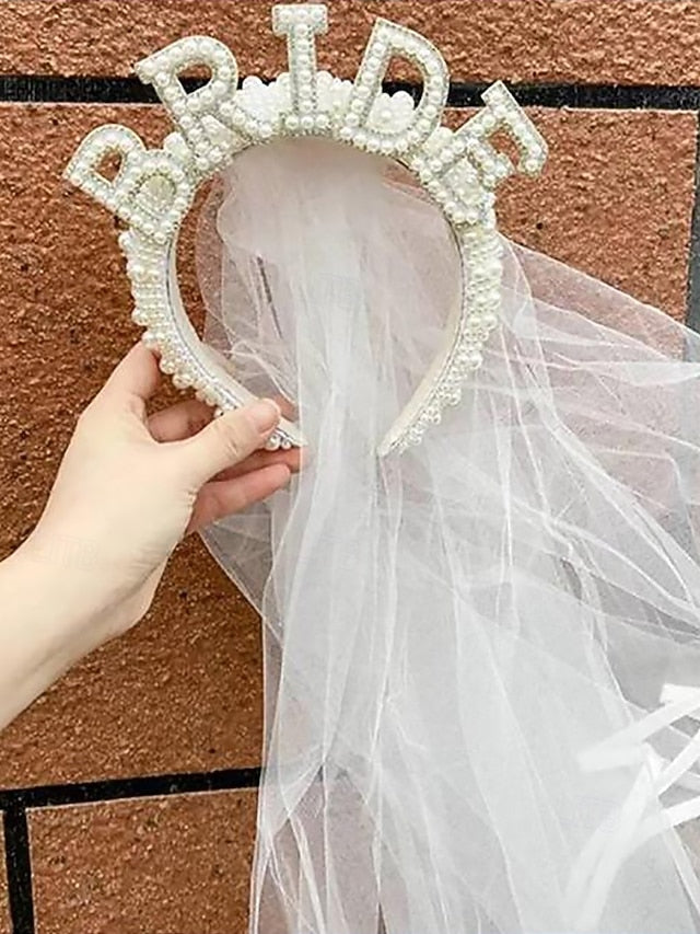 'BRIDE' Veil Headband with Pearl-Embellished –