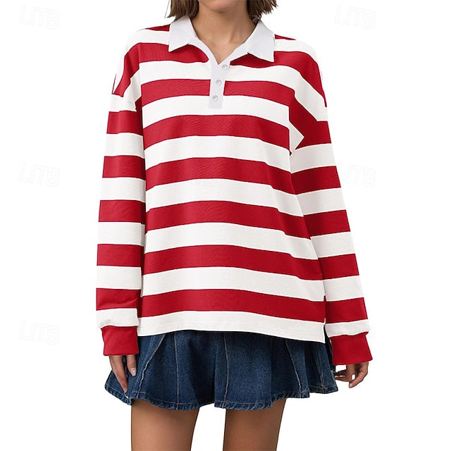 Women's T Shirt Tee Top Buttons Striped Fashion Stylish