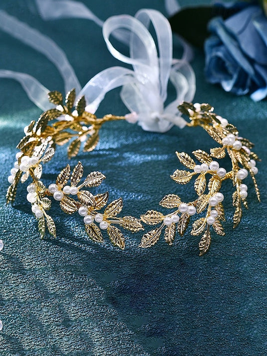 – Gold Elegant Bridal Accents Belt Pearl with Leaf