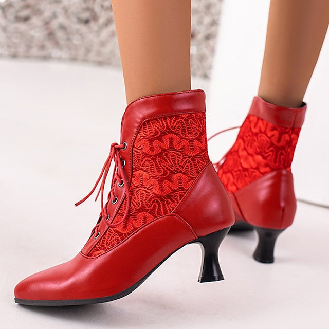 Embroidered Women's Boots with Panels Lace-Up Ankle White