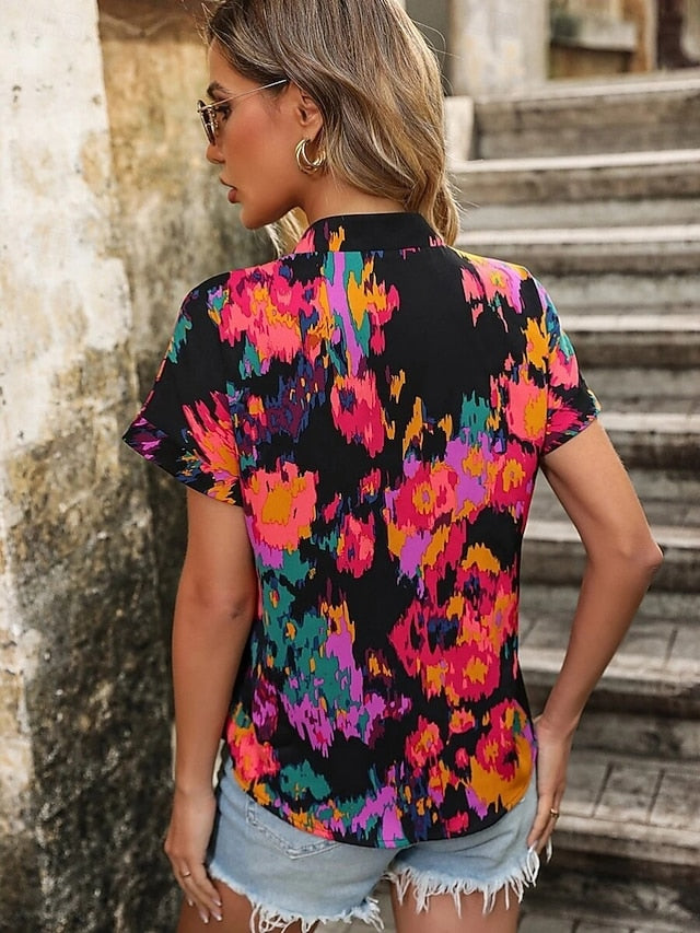 Women's Blouse Print Floral Stylish Casual Short Sleeve V