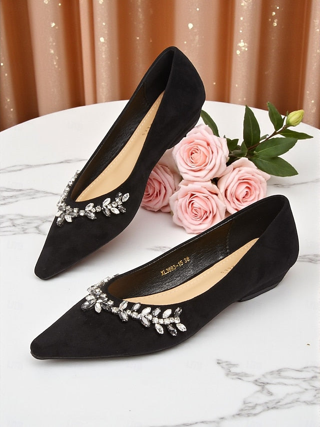 Women's Black Suede Pointed Rhinestone Toe with Flats