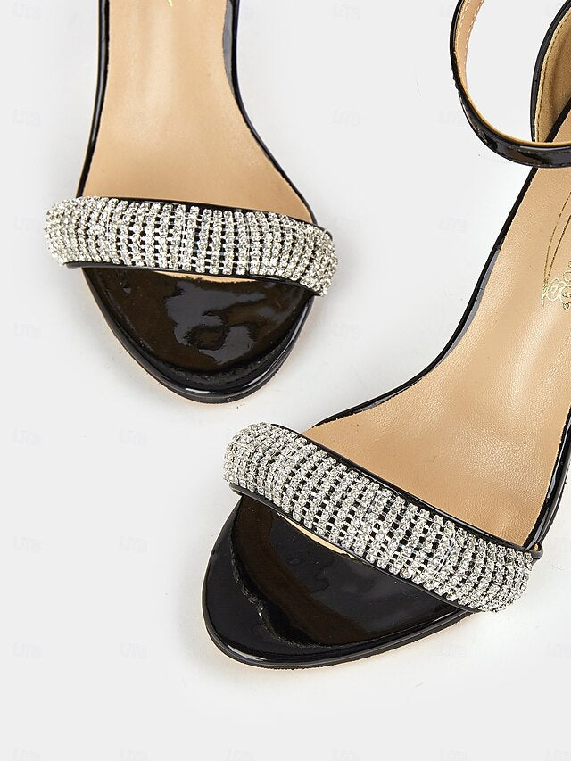 Sandals Rhinestone High Leather Heel Patent with Black
