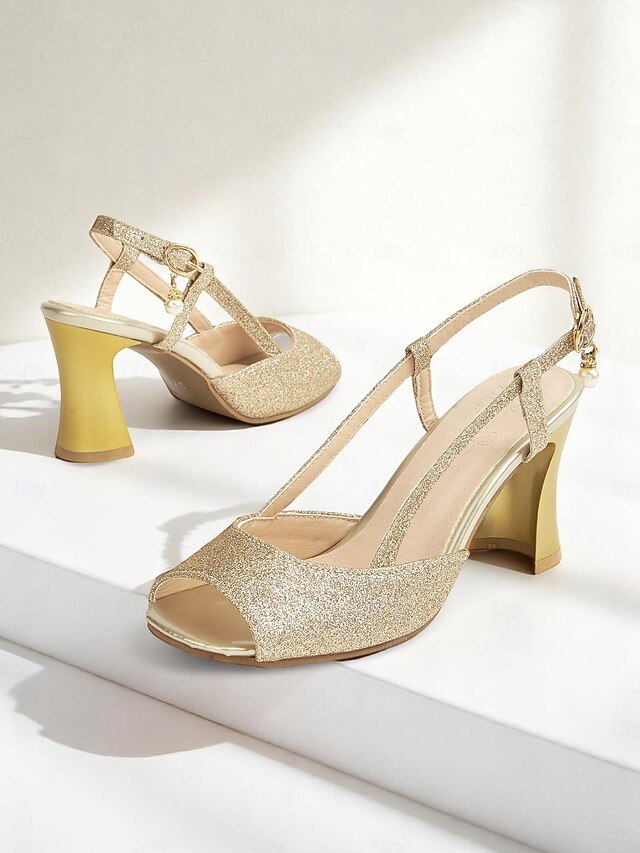 Sparkly Open-Toe Women's Gold Glitter Heels - Slingback