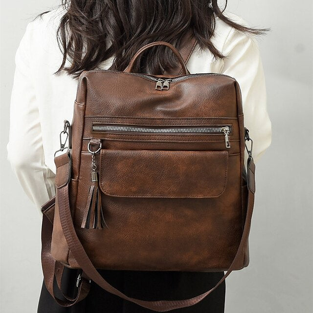 Women's with Vintage Tassel and Purse Leather Backpack Faux