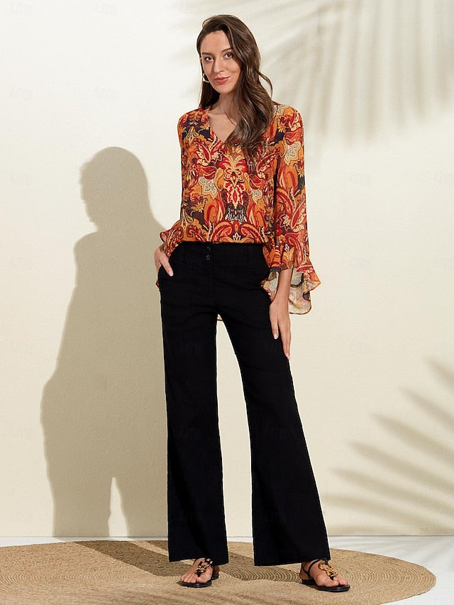 Women's Paisley Print Chiffon Peasant Top Lantern Sleeve