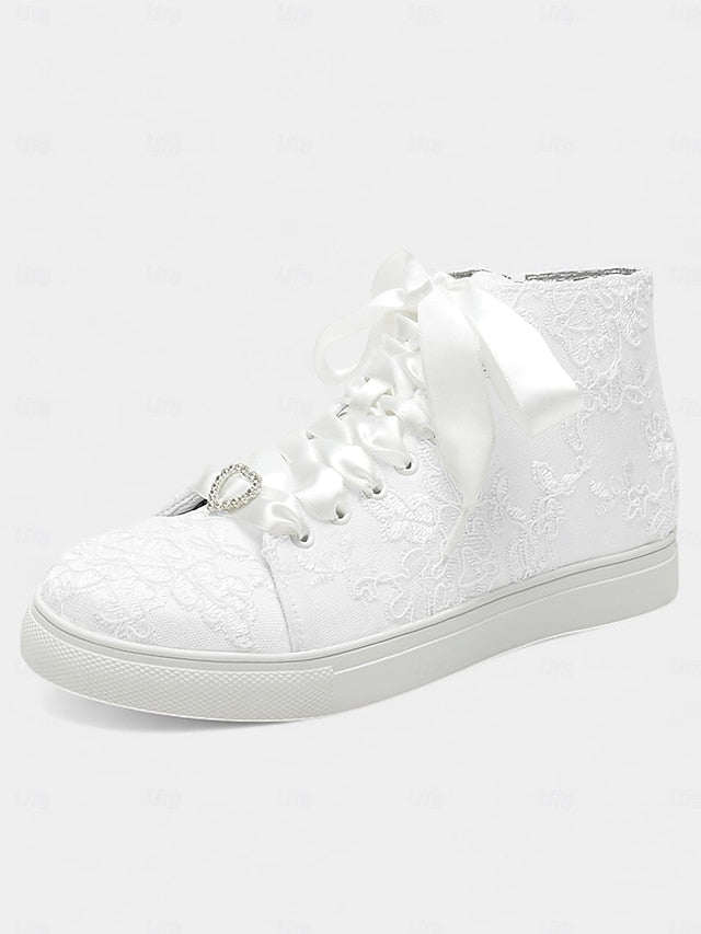 Women's Wedding Ribbon Satin Ivory with Lace Laces Sneakers