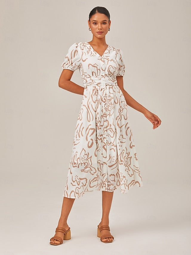 Abstract art print Linen-Like Fabric Waist-Cinching Maxi Dress