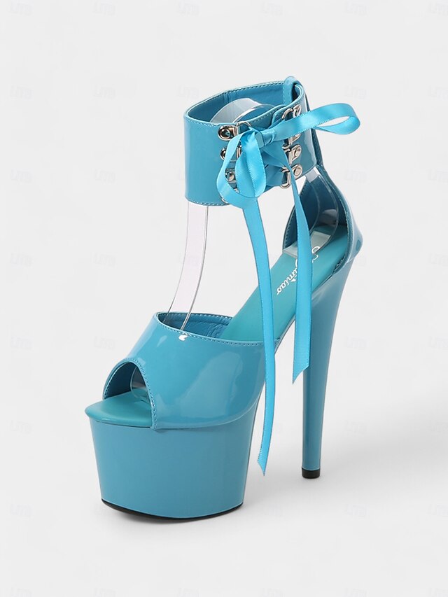 Patent Platform Sandals Lace-Up Black Straps Ankle Leather with