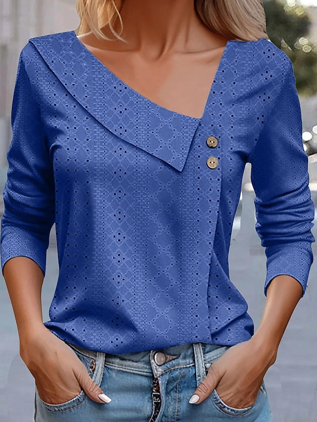 Women's Pointelle Shirt Eyelet Top Blouse Patchwork Solid