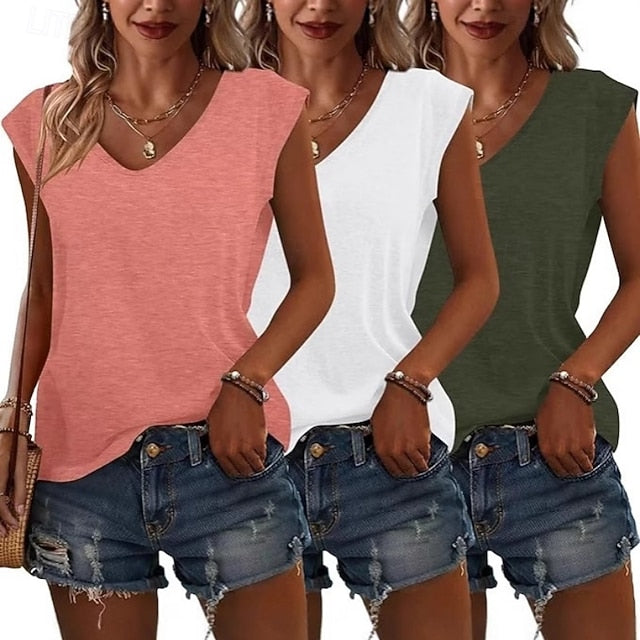 Multi Packs 3pcs Women's V Neck Sleeveless Black+gray+blue