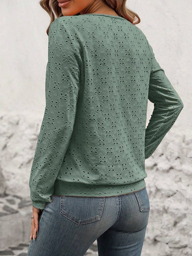 Women's Texture Blouse Eyelet Top Pointelle Tee T Shirt