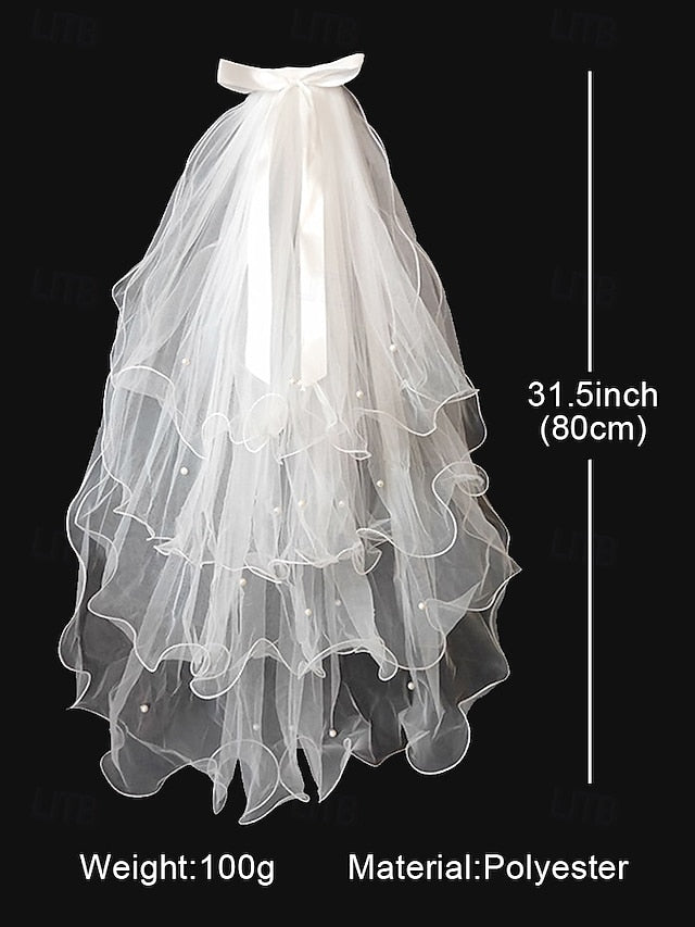 Elegant Satin - Bridal Ivory Ribbon Tulle Veil with and Soft