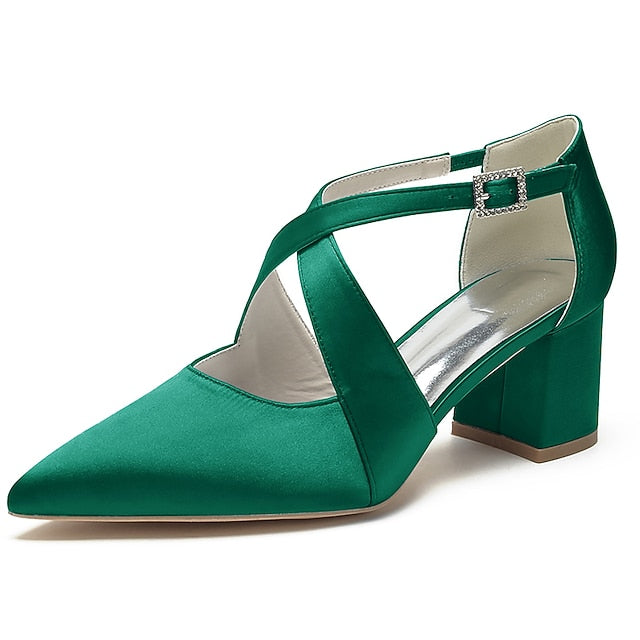 – Elegant White Block Pointed Heels Women's Satin Toe