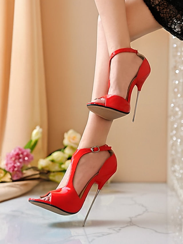 - Strappy Open Women's Red Patent Heels Leather Stiletto