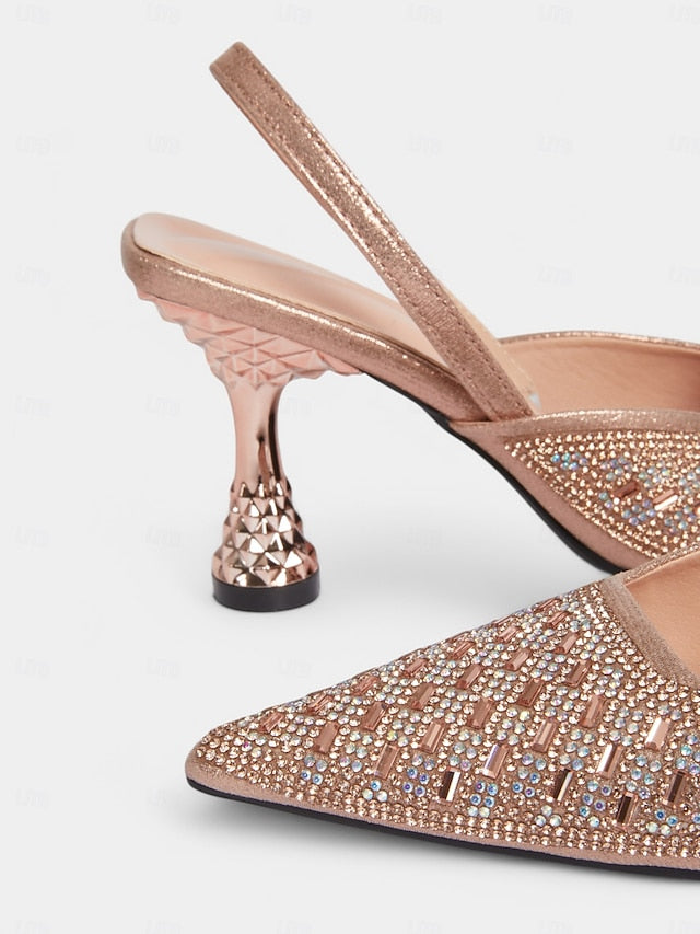 Rose with Rhinestone Gold Women's Heels Slingback Geometric