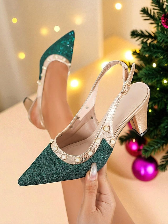 Gold Glitter Women's Heels with Green Slingback High Strap