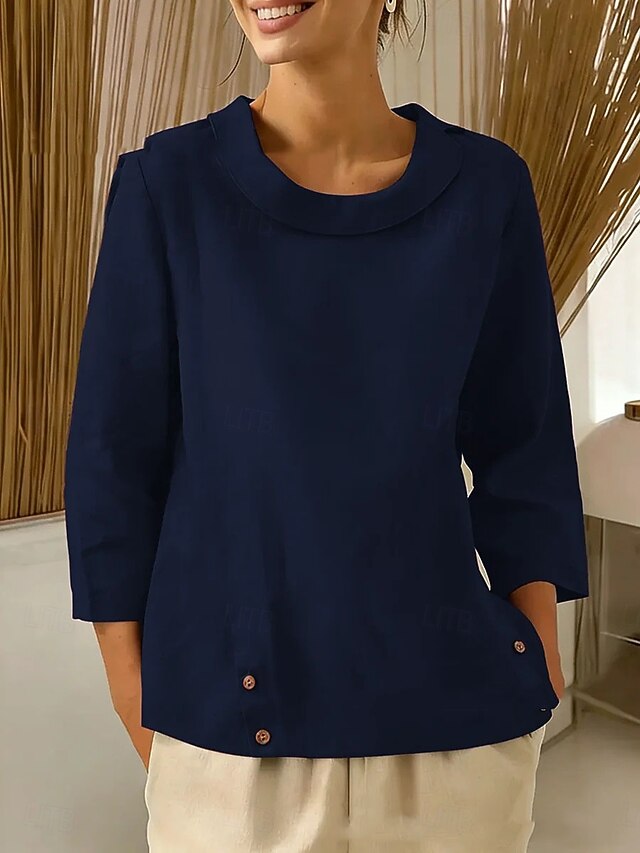 Women's Cotton Linen Shirts Blouse Dressy Tops Ruched