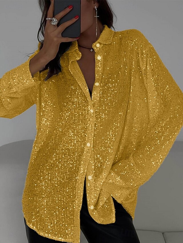 Women's Casual Shirt Button Up Shirt Blouse Sequins Buttons
