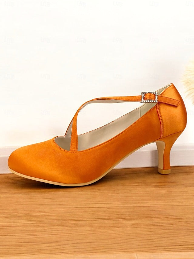 Rhinestone with – Cross-Strap Buckle White Elegant Heels Satin