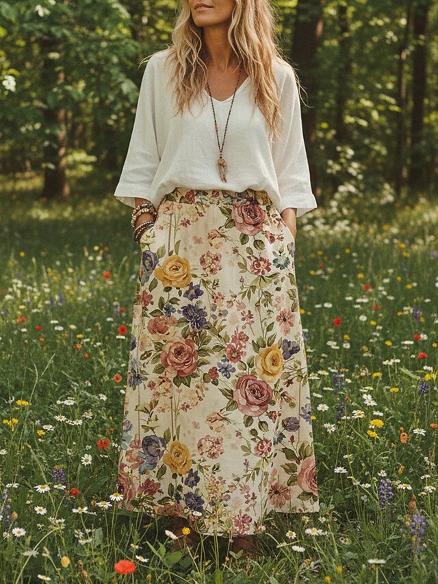 Women's Vacation Skirt Bohemia Vintage Casual Maxi Mid Rise