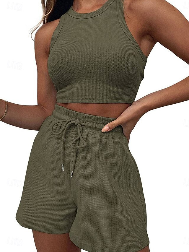 Women's Shorts Sets Sleeveless Crew Neck Solid Color