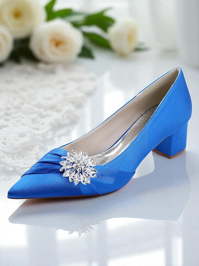 Women's White Block with Pumps Heel Low Crystal