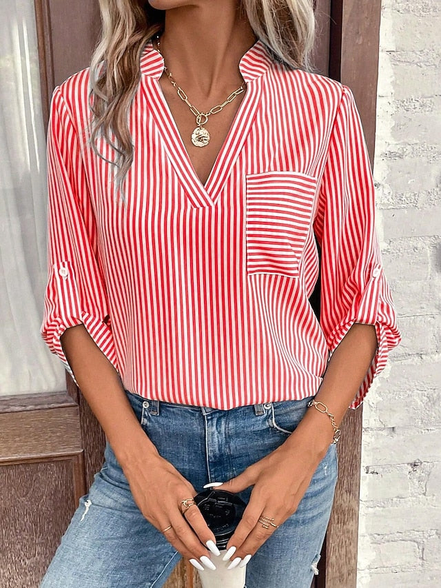 Women's Shirt Blouse Casual Striped Pocket Print Long