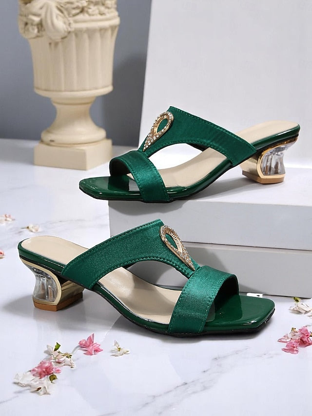 Sandals Rhinestone with Satin Green Slide Women's
