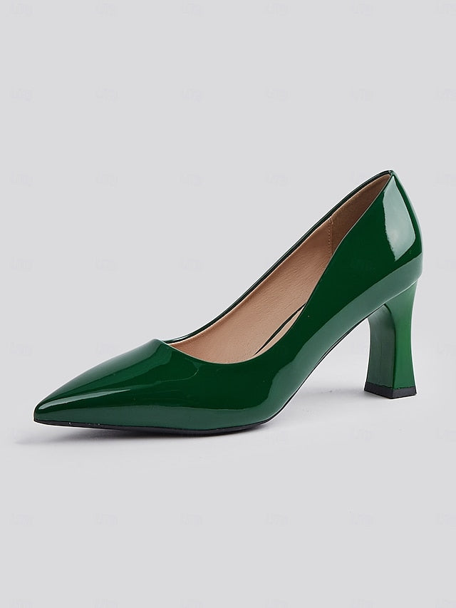 Pointed-Toe Heel Block Leather Patent Pumps Green Faux Glossy