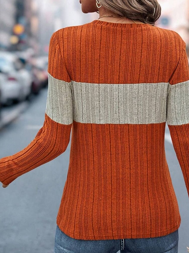 Women's T Shirt Patchwork Color Block Casual Long Sleeve