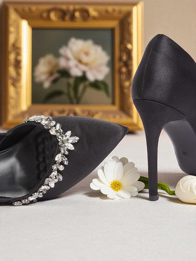Satin Pointed Heels Women's Crystal Toe with Embellishment