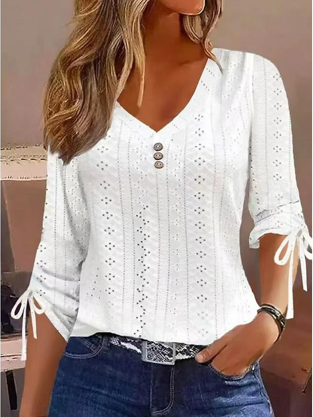 Women's White Elegant Lace Tops Eyelet Blouse Stylish
