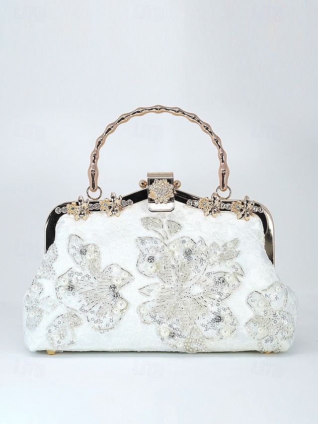 and Lace Floral Handbag Pearl with Evening White Elegant