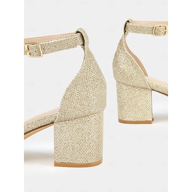 Stylish Heel Block with Ankle Sandals Gold Women's Glitter