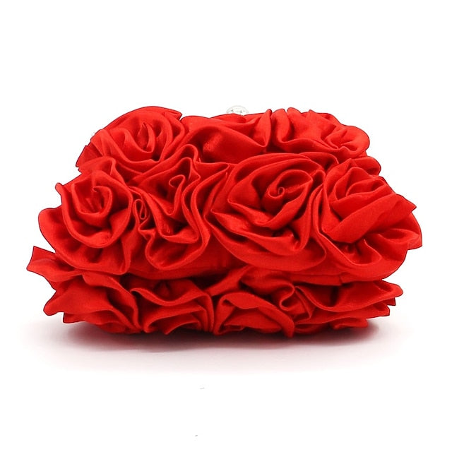 Women's Red Rose Fabric Evening Clutch with Top Handle,