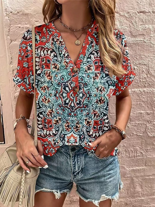 Women's T Shirt Tee Top Buttons Print Floral Graphic