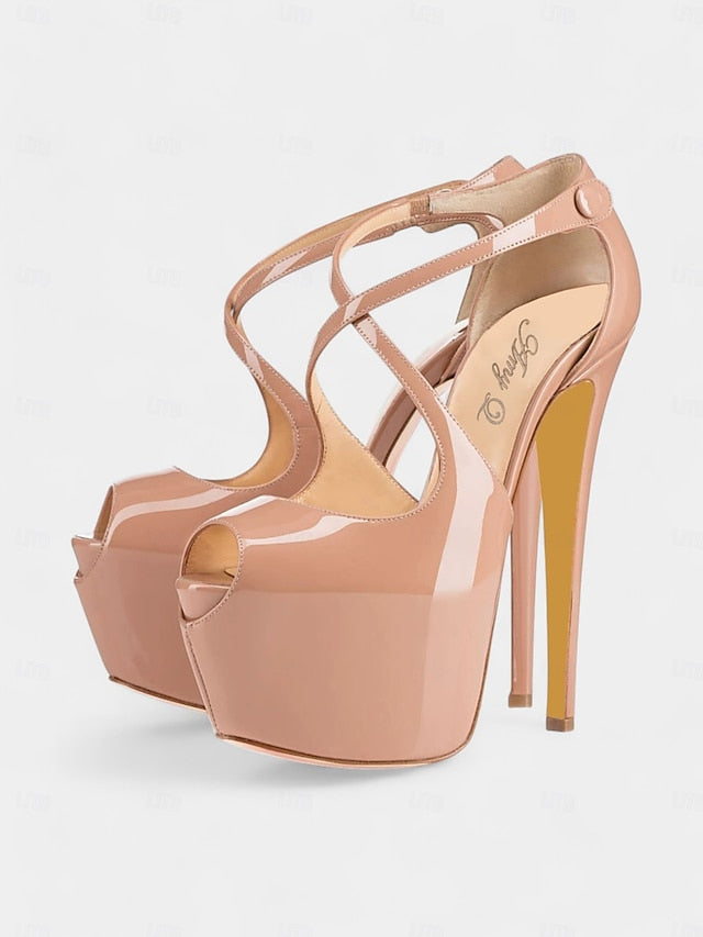 Black Leather Heels Platform Cross with Red Stiletto and Patent