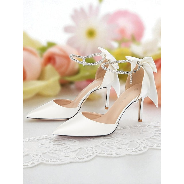 Satin Stiletto with Pointed Women's Toe Bow Ivory and Heels