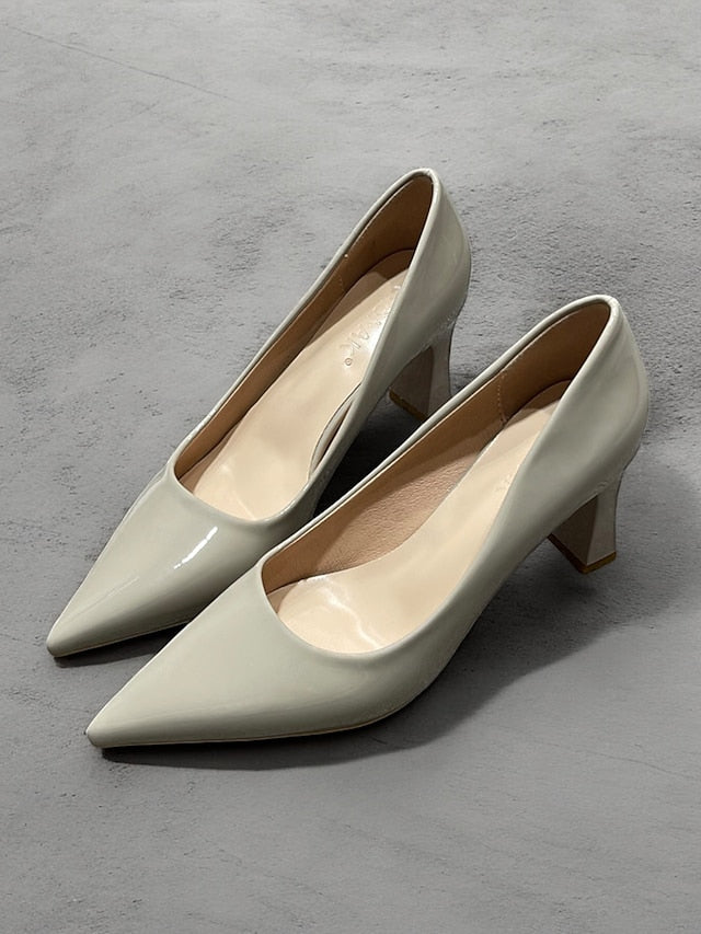 Pointed-Toe Heel Block Leather Patent Pumps Green Faux Glossy