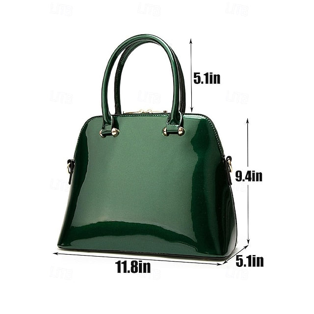 Tote Leather Bag Patent - Green Elegant Women's Shiny