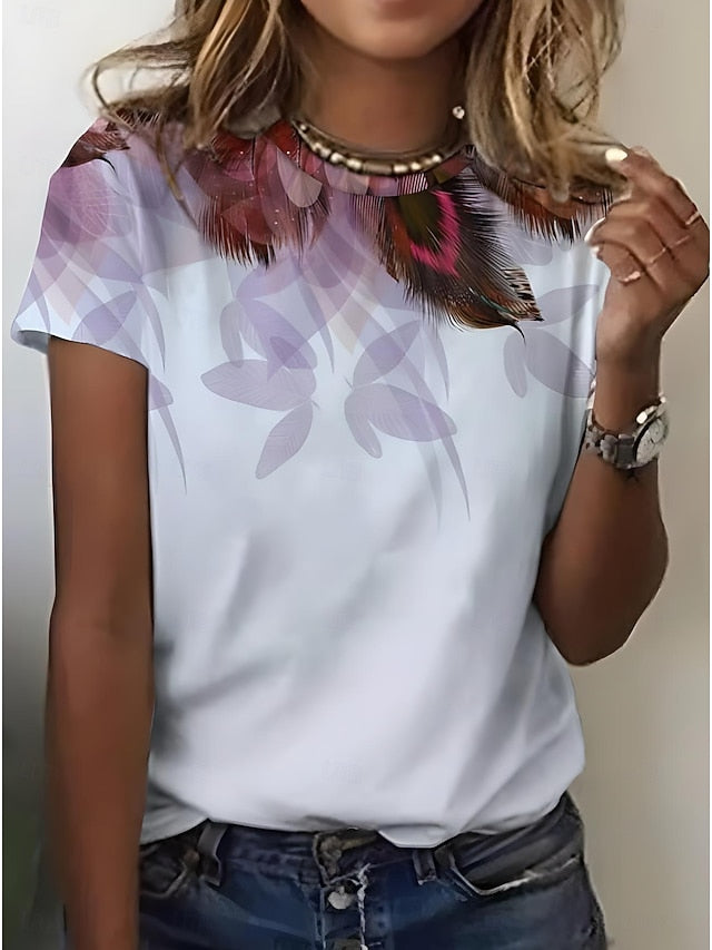 Women's T Shirt Print Ombre Graphic Feather Casual Short