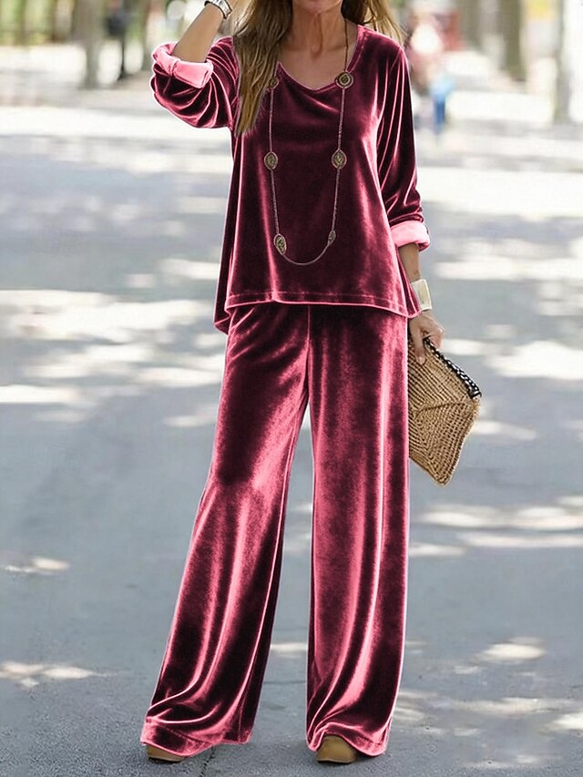 Women's Pants Sets Long Sleeve V Neck Solid Color Fashion