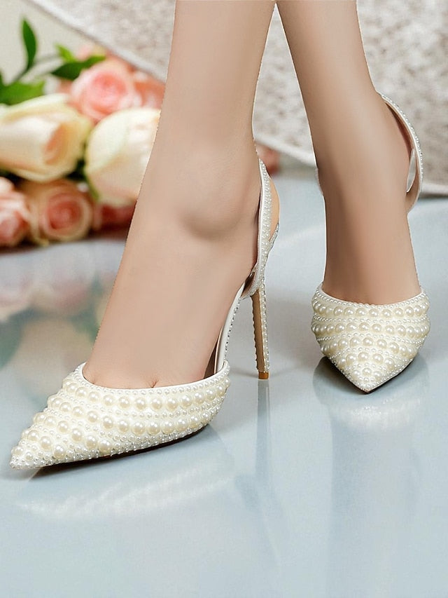 Women's Leather - Heels Pearl-Embellished Slingback White