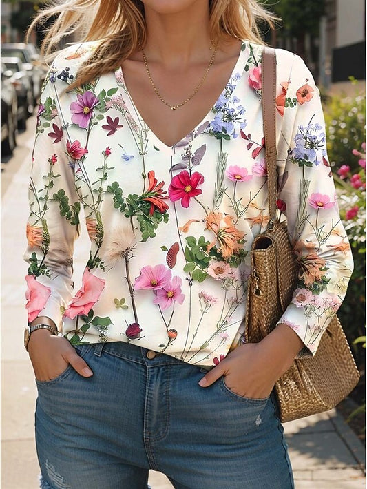 Women's T Shirt V Neck Long Sleeve Tunic Fashion Modern