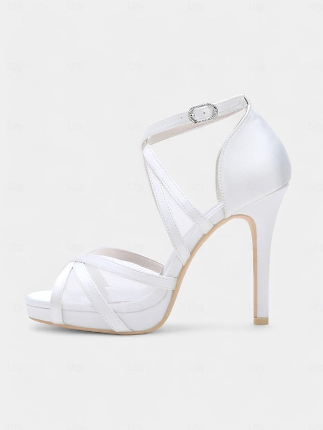 Sandals with White High Straps Bridal Heel Cross Satin Perfect -