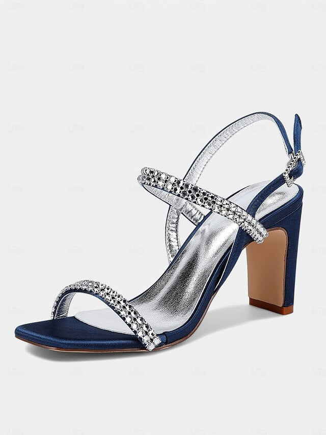 – Rhinestone Prom Women's Heel Sandals White Block Bridal