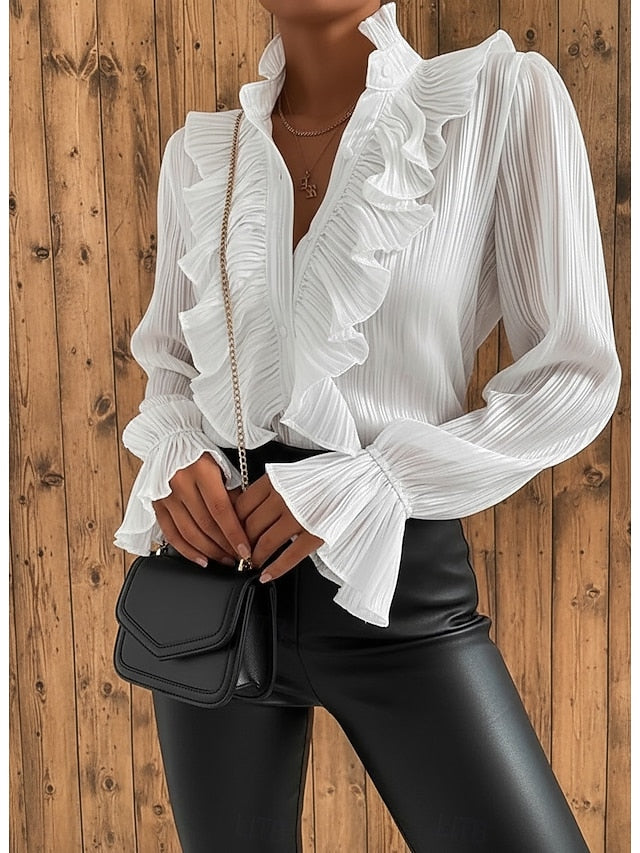 Women's Shirt Blouse Ruffle Solid Color Stylish Basic Long