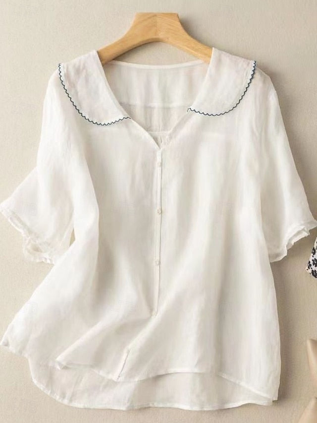 Women's Cotton Linen Shirts Solid Color Basic Casual Short