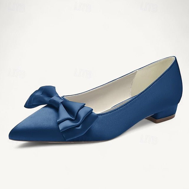 Low Party Women's Pointed Flats Heel Bowknot Shoes Wedding